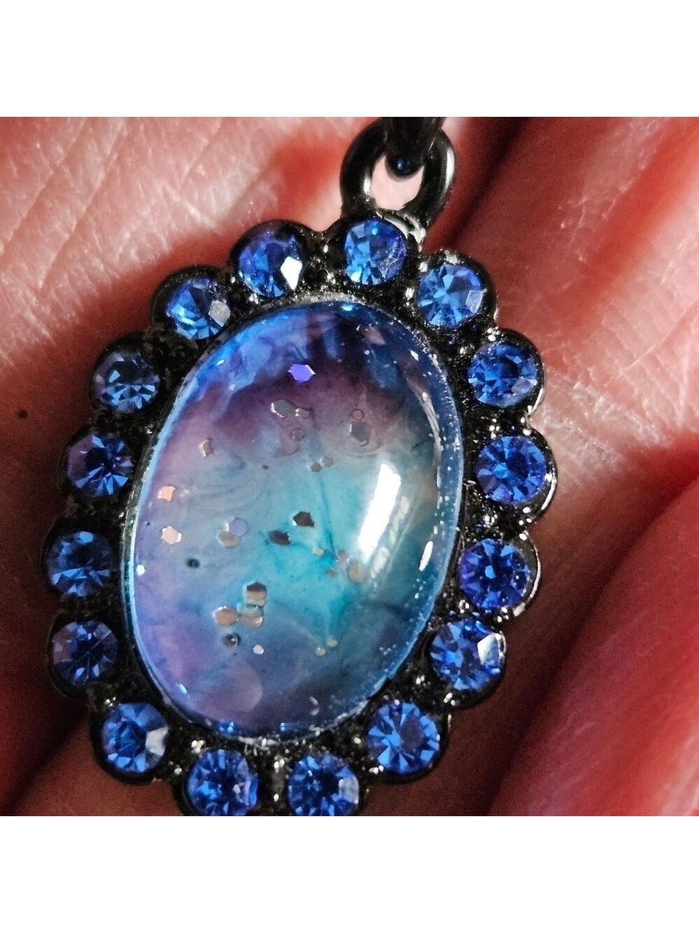 Vintage Blue Moonstone/Glass & Crystal Rhinestone Pendant Necklace